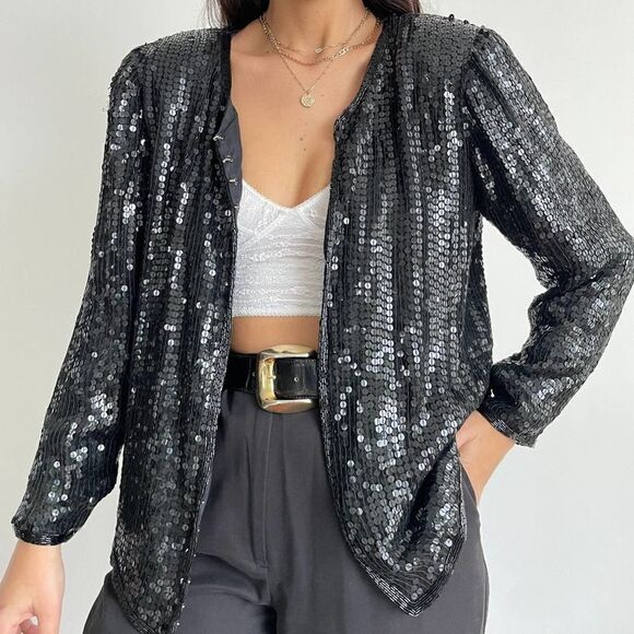 Vintage Stenay 100% silk black sequin jacket size small - Picture 1 of 10